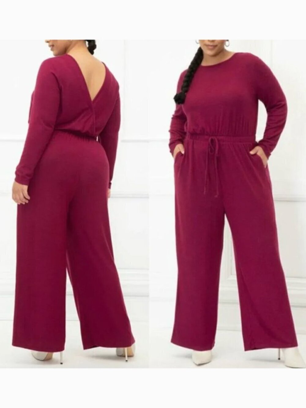 ELOQUII Elements Plus Size Wide Leg Jumpsuit Burgundy Maroon Red Long Sleeve 1X